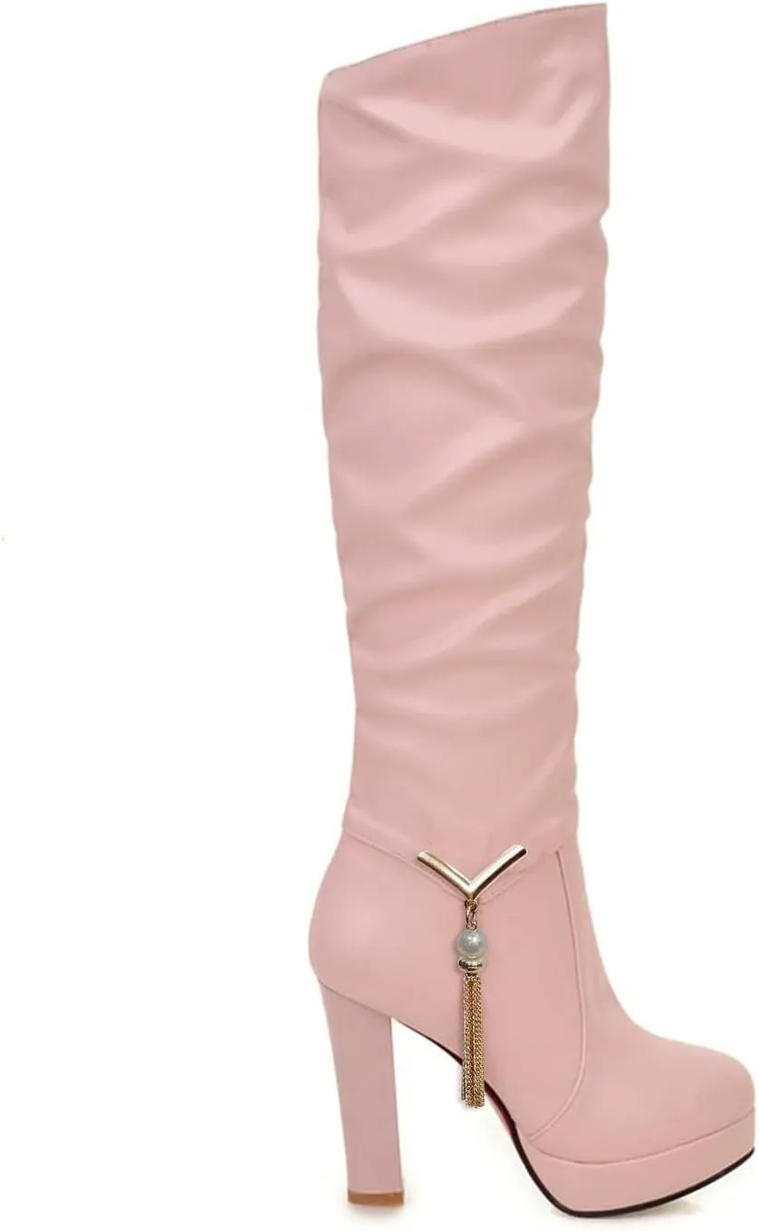 ZDLJYL Women's Thigh High Over The Knee Fashion Boots Block Mid Heel Long Sexy Faux Fur Boots Platform Knee High Boots